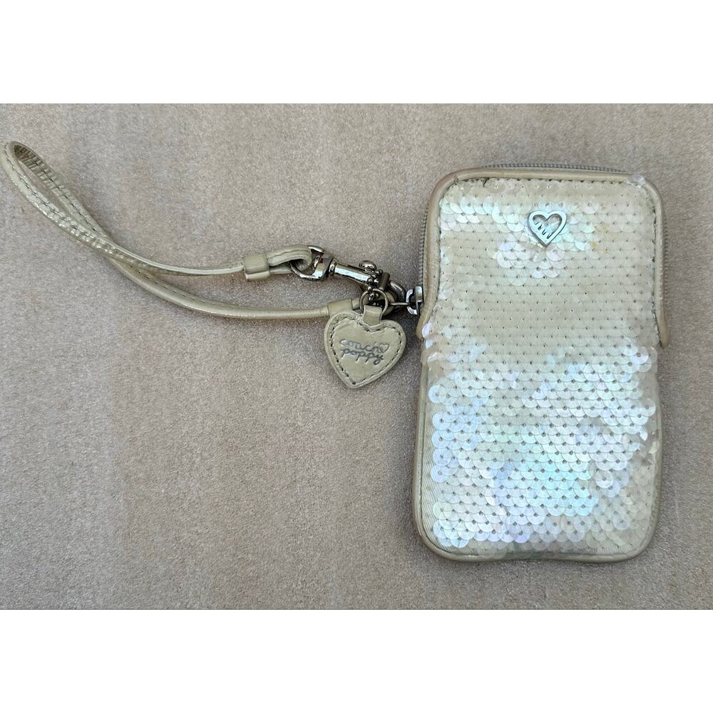 Coach Poppy Vintage Cream Iridescent Sequin Wristlet Mini Wallet Card Case Charm